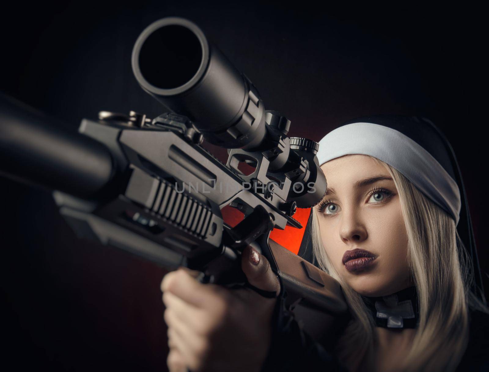 girl on a black background in a nun dress posing with a gun, aiming, shooting by Rotozey
