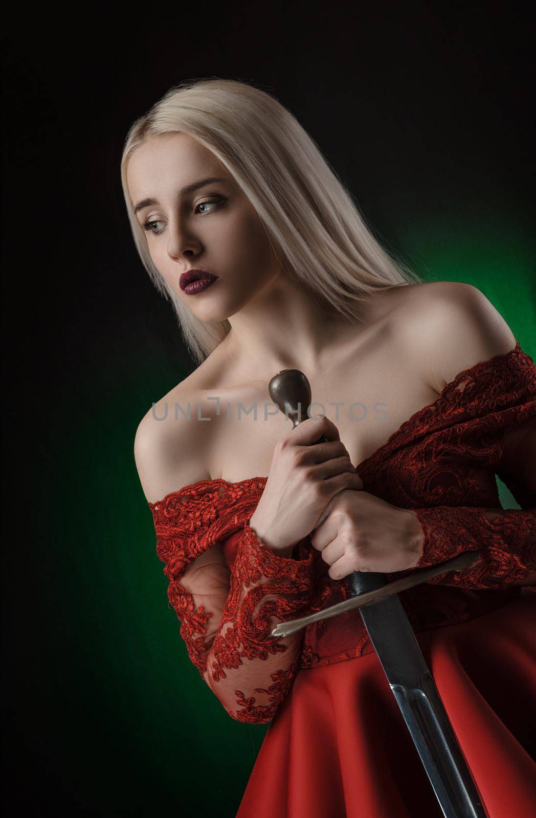 beautiful girl in red dress with sword by Rotozey
