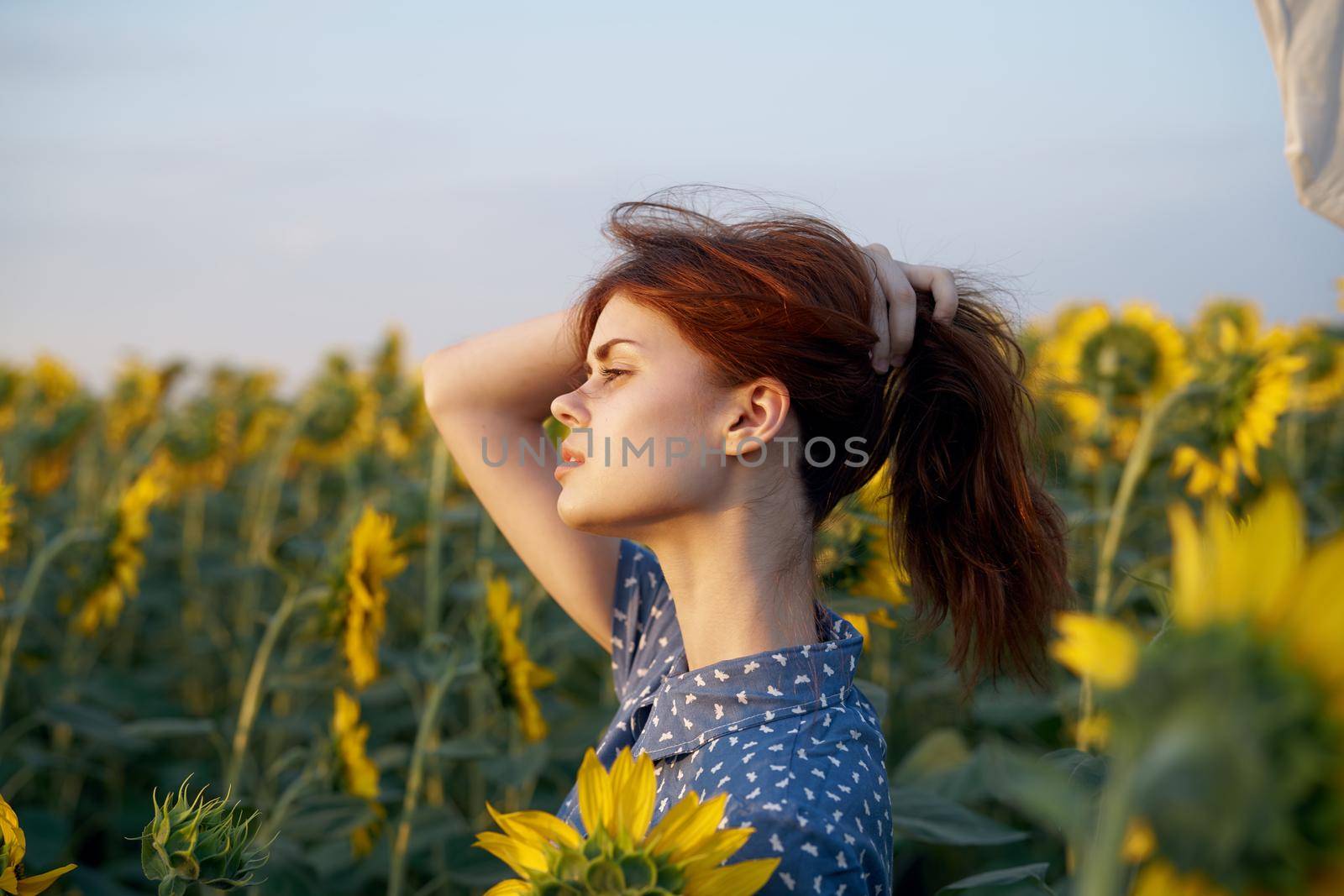 pretty woman with hat in the field of sunflowers freedom nature by Vichizh
