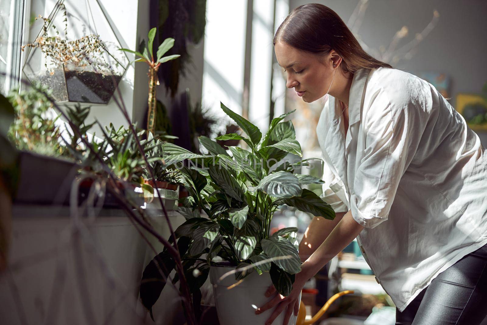 caucasian confident happy florist is working with composition made from glass stones and plants in botanic shop