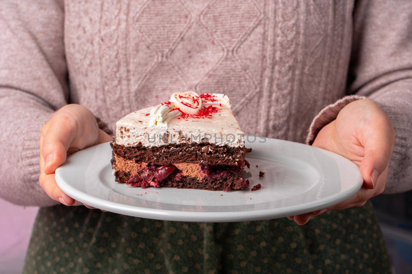 Chocolate cake with whipped cream icing on plate. High quality photo