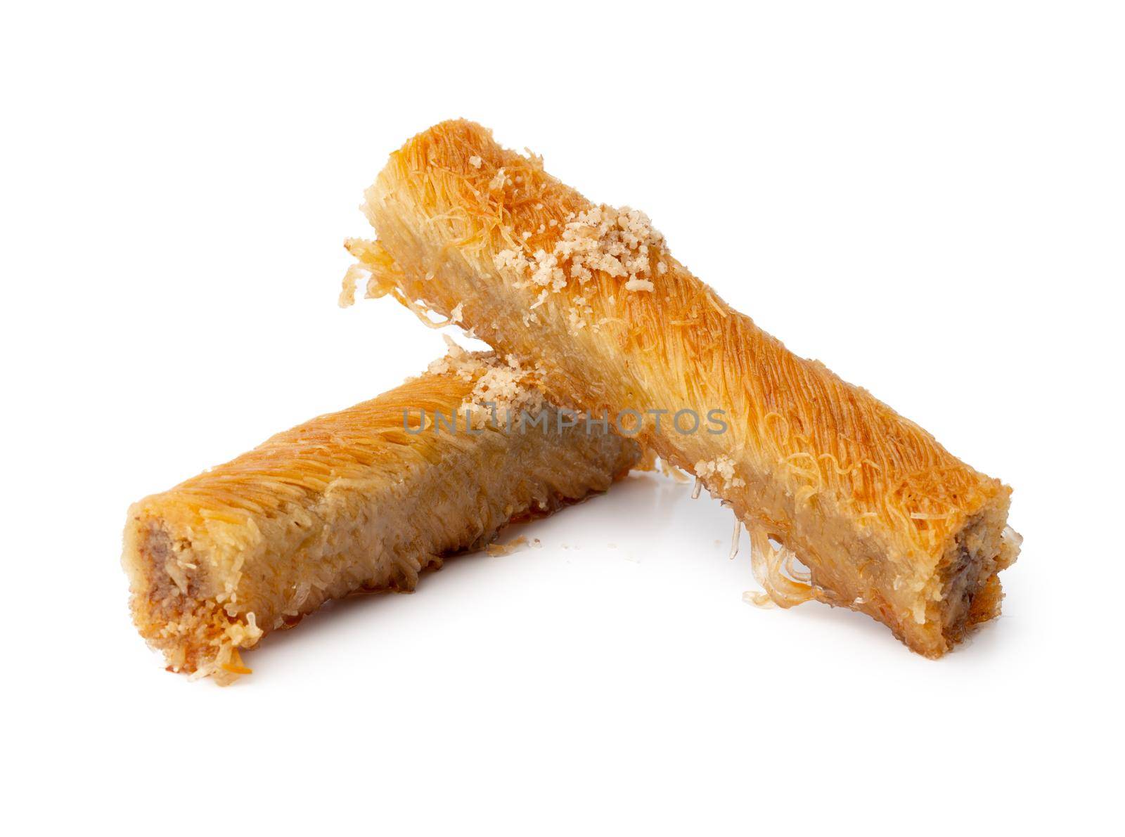 Turkish sweet pastry baklava isolated on white background, close up