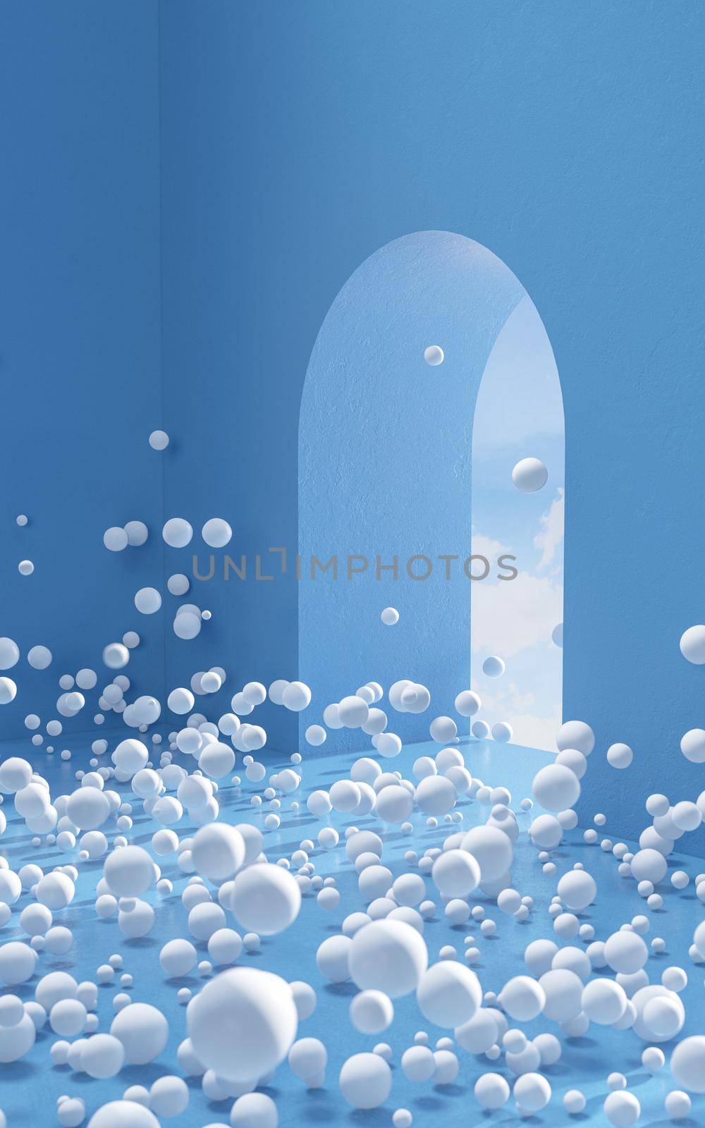 Lots of white balls in a blue room, 3d rendering. Computer digital drawing.