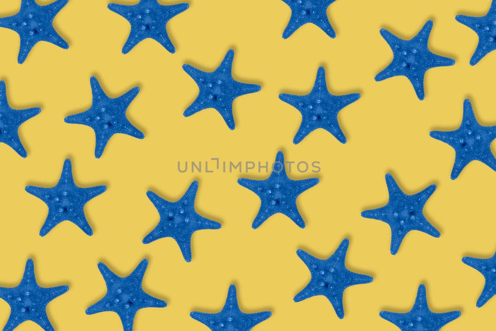 Dried toned in blue sea star fish pattern on yellow background. by esvetleishaya