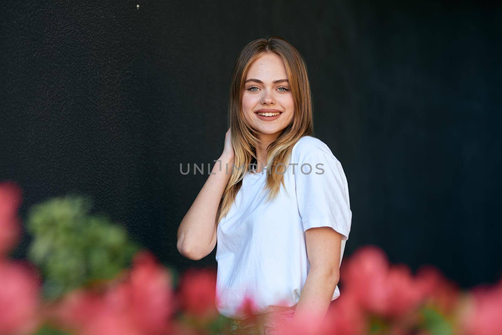 Business woman in a cafe outdoors fresh air summer. High quality photo