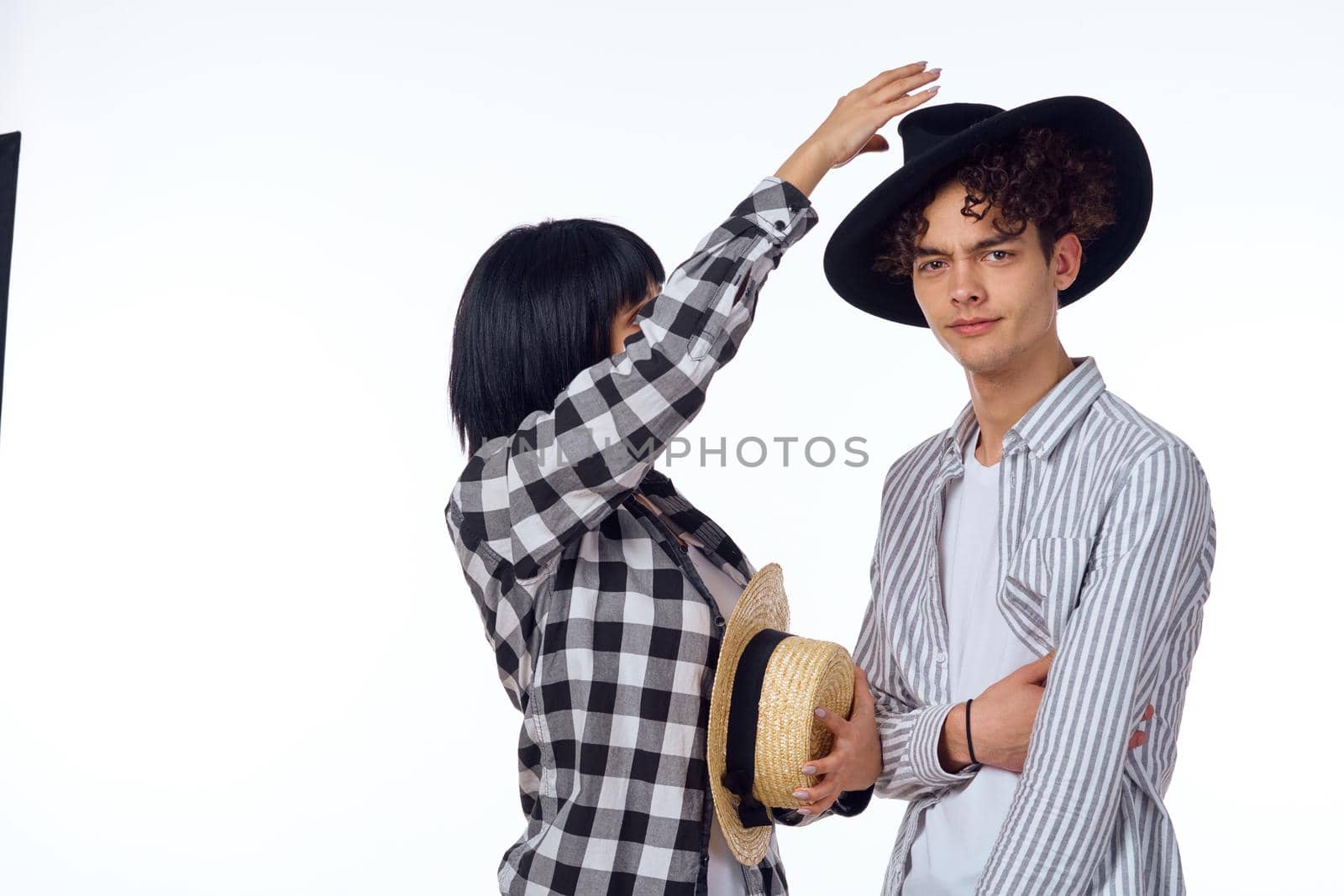 young couple modern clothes posing fun friendship. High quality photo