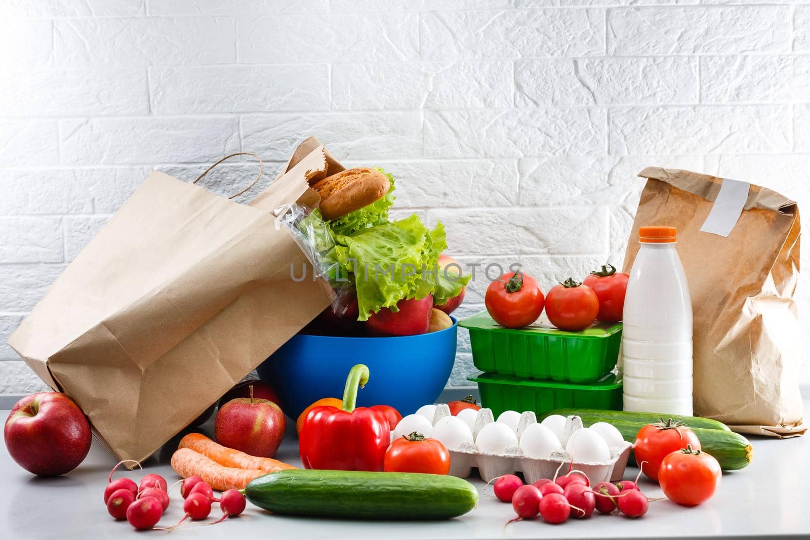 food bags at home in the kitchen. health concept. order of products online. Delivering products to home