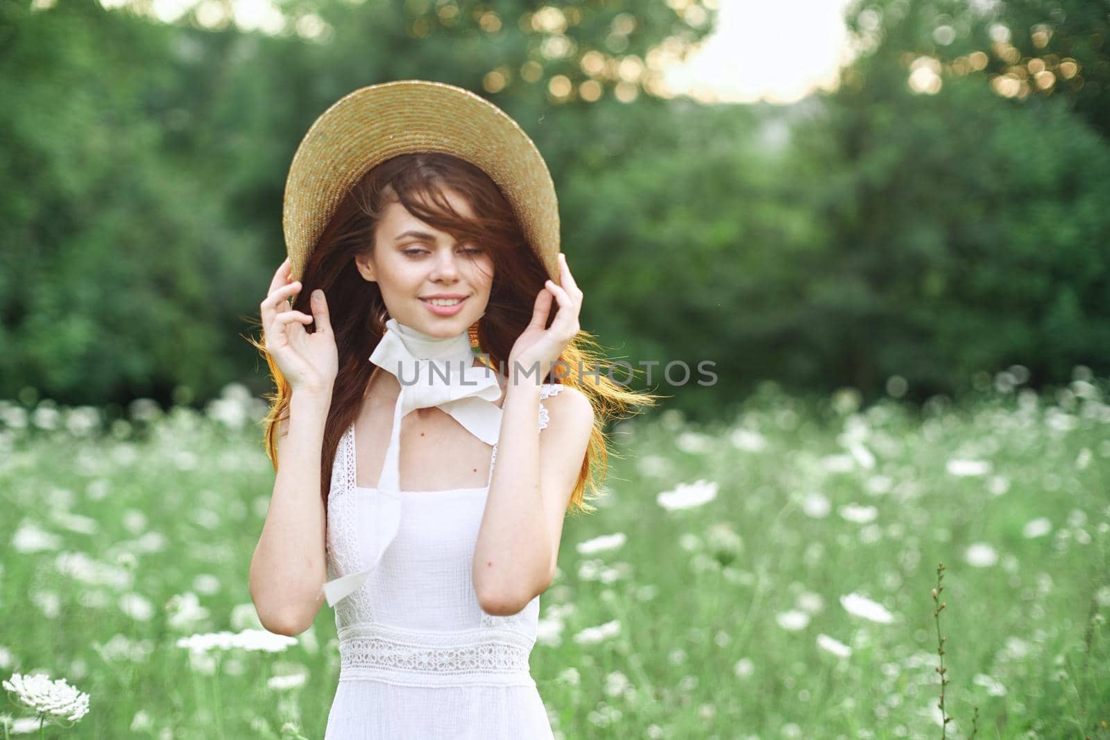 pretty woman in hat walk nature posing fashion. High quality photo