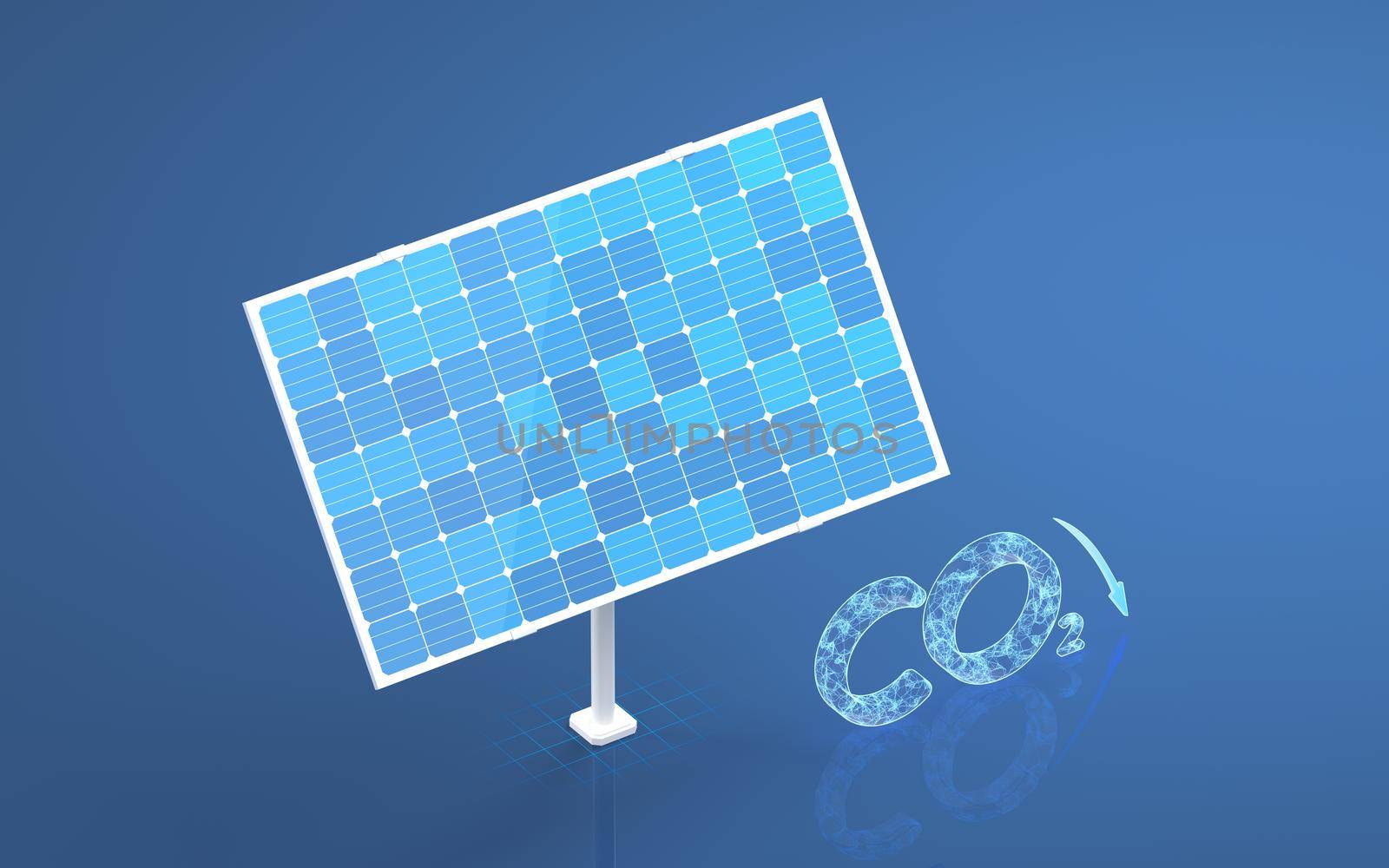 Solar panel, solar energy and carbon dioxide, 3d rendering. Computer digital drawing.