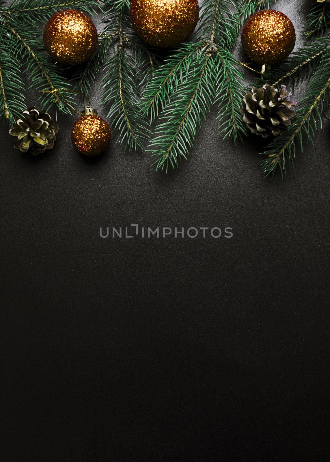 christmas composition green fir tree branches with gold baubles by Zahard
