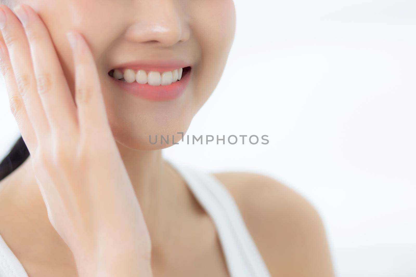 Closeup beautiful teeth of young asian woman with whitening, tooth and smile with fresh, dental and whitening, health and wellness, dentist and hygiene, expression with happy, mouth and lips.