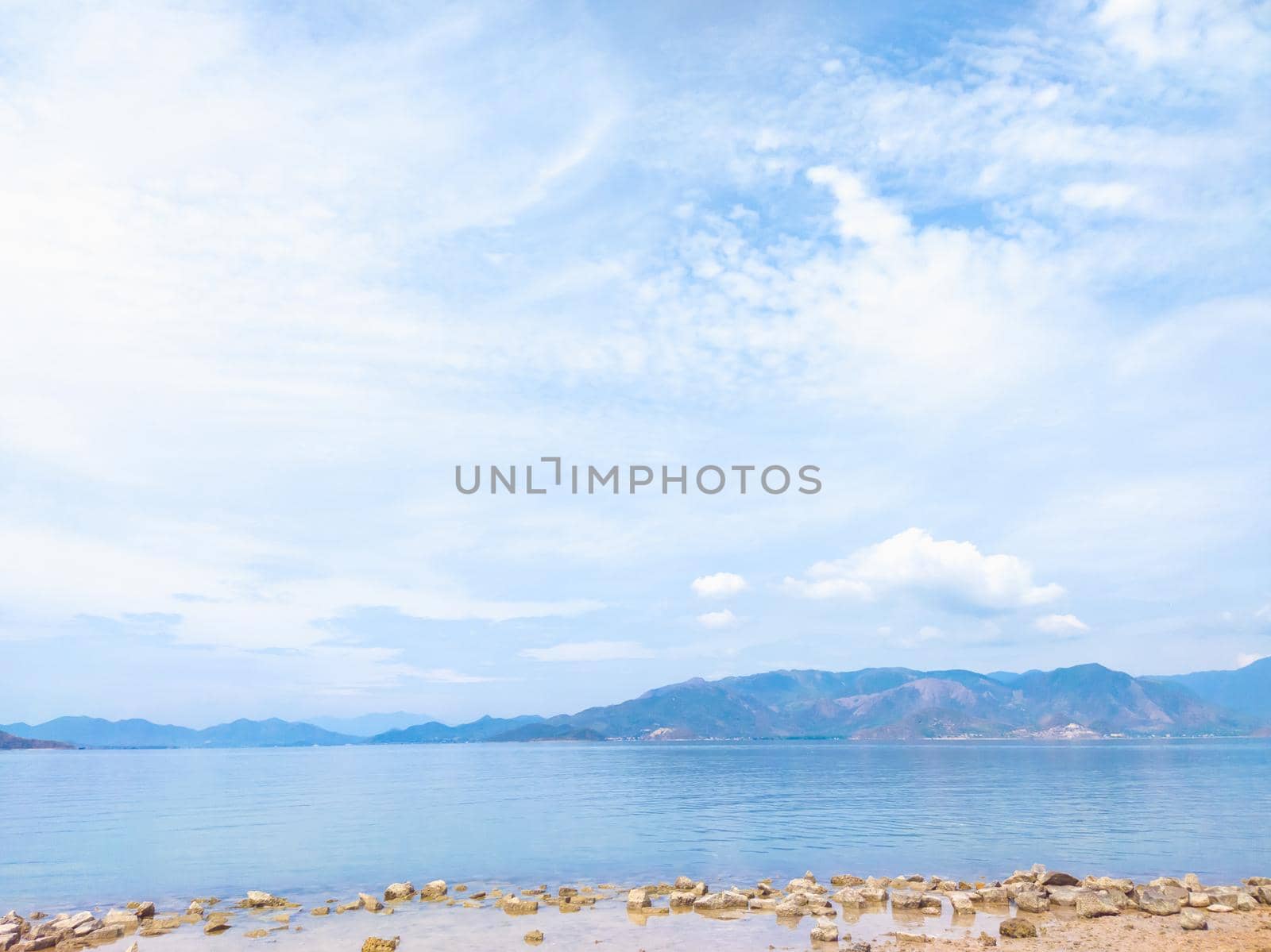 Panoramic sea and beach view with clean water. Tavel and summer. Natural minimalistic background and texture, web banner by nandrey85