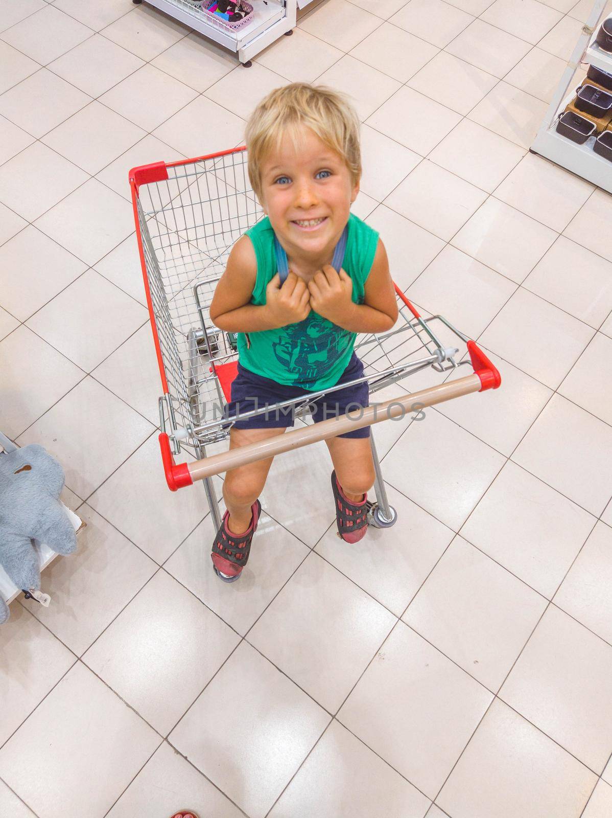 child sitting in a shopping basket in the supermarket asking to buy a new toy shopping with a child concept smily