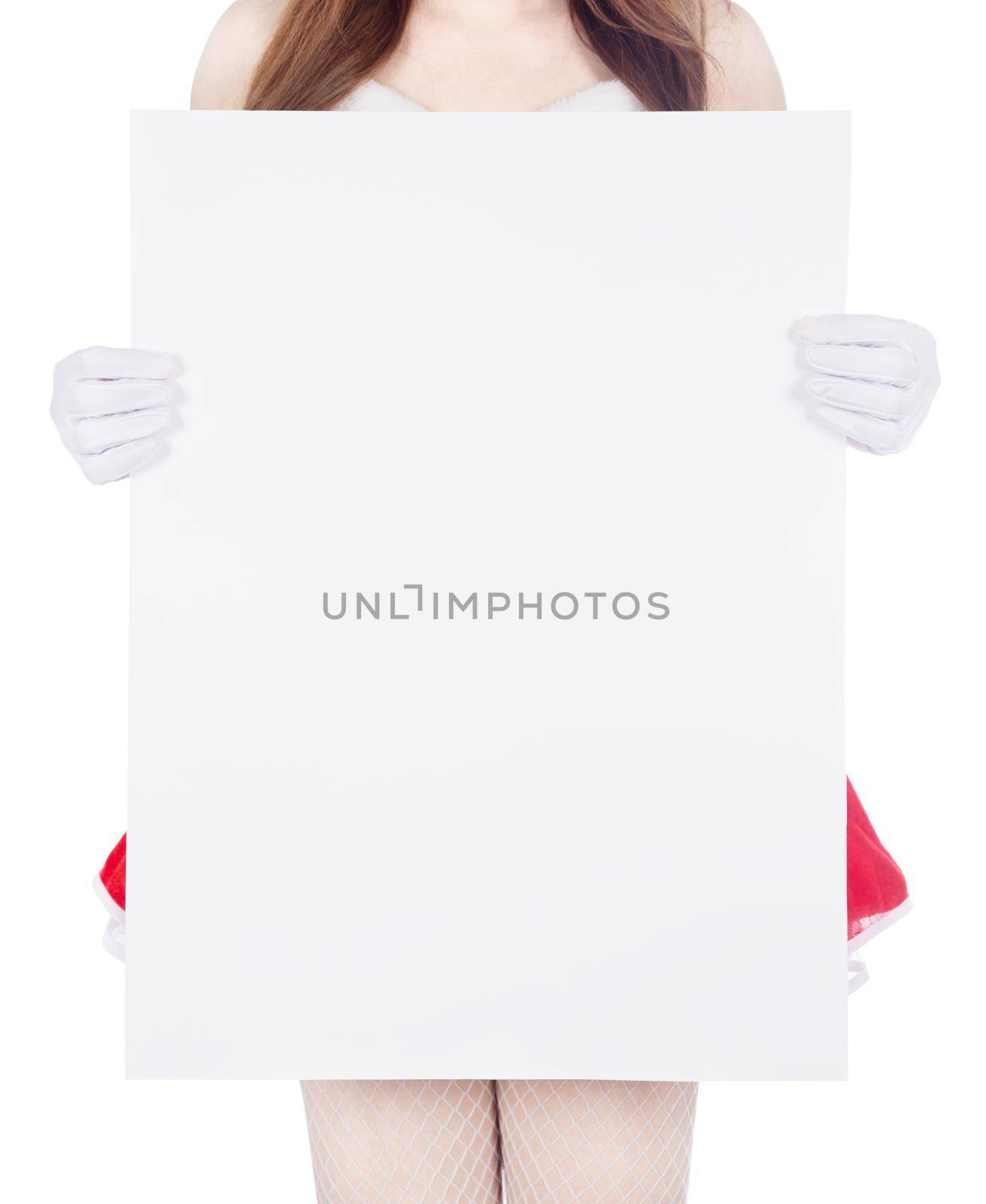 woman wearing santa claus clothes with blank sign on white background by geargodz