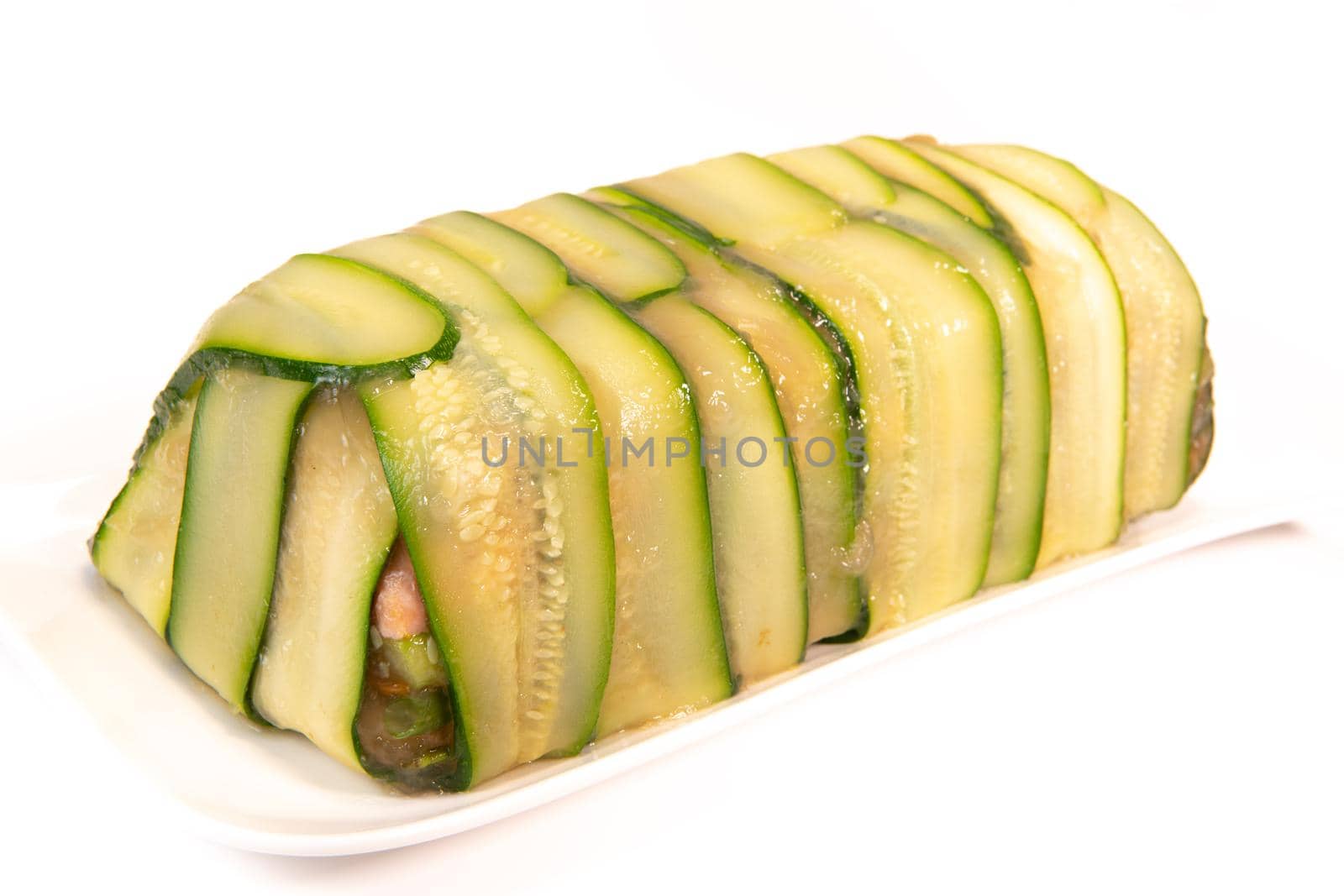 Recipe of marbled vegetables, salmon and langoustines, terrine salmon vegetables and langoustines. High quality photo