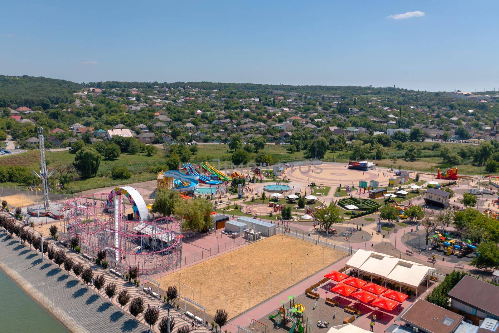 Orhei, Moldova, July 2021: Aerial view to the amusement park Orheiland, one of the best in Moldova 
