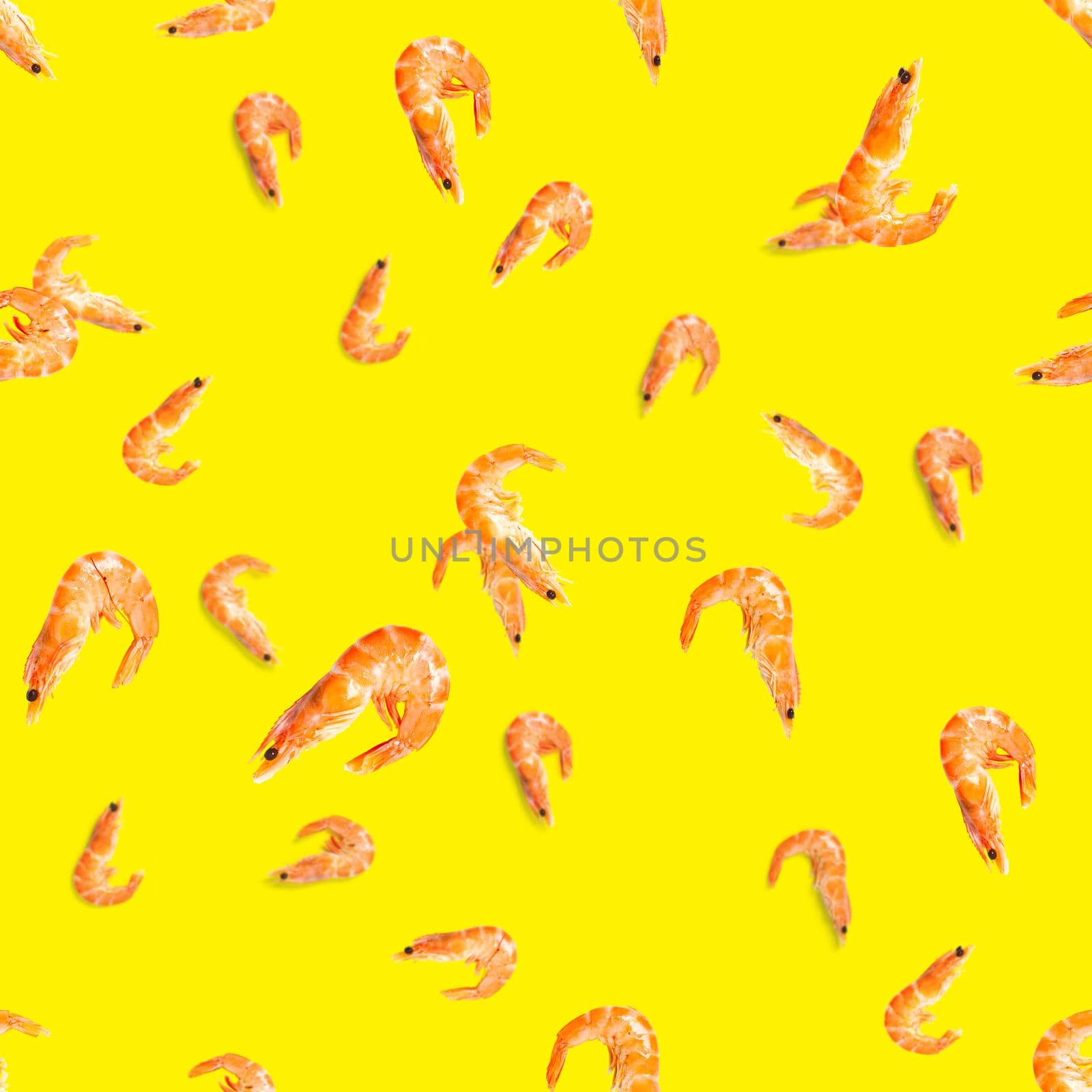 Tiger shrimp. Seamless pattern made from Prawn isolated on a yellow background. Seafood seamless pattern with shrimps. seafood pattern by PhotoTime