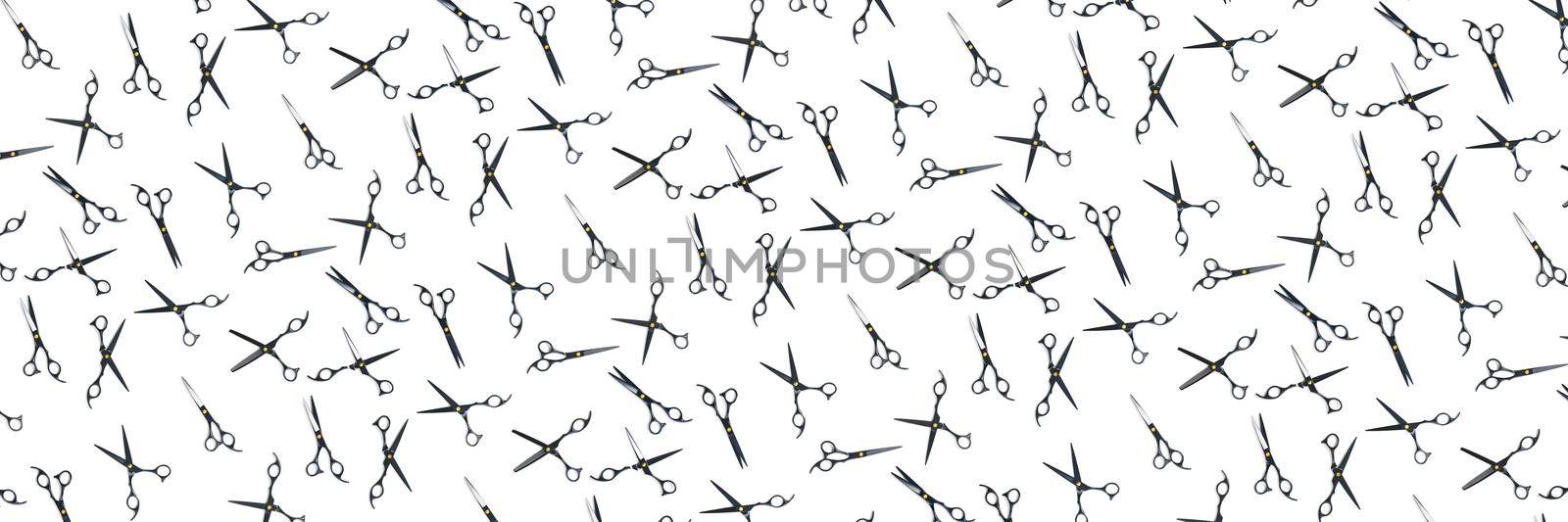 Background made from black scissors. professional hairdresser black scissors isolated on white. Black barber scissors, close up. pop art background by PhotoTime