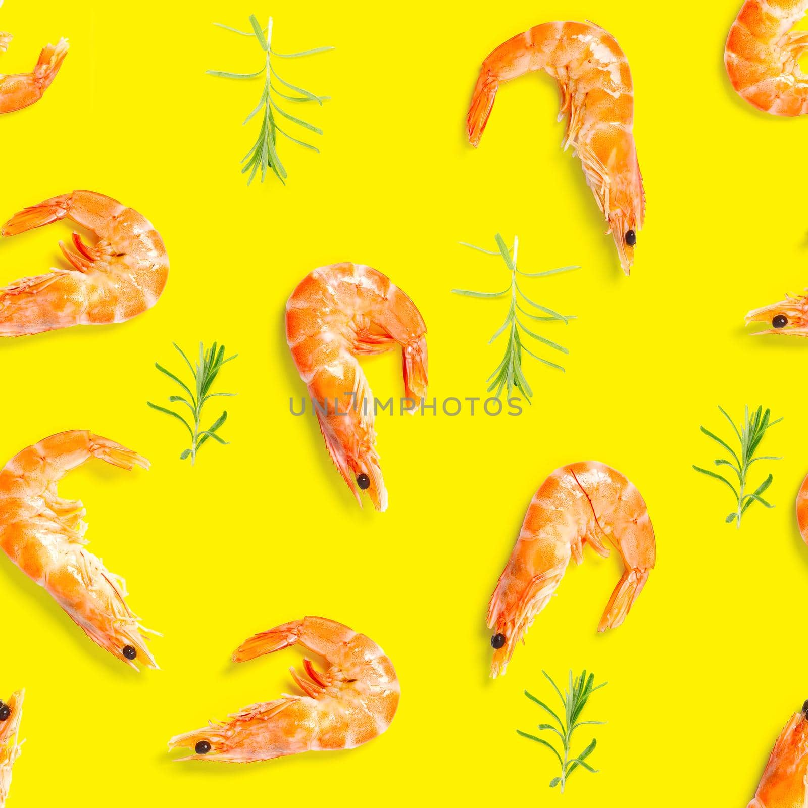 Tiger shrimp. Seamless pattern made from Prawn isolated on a yellow background. Seafood seamless pattern with shrimps. seafood pattern by PhotoTime