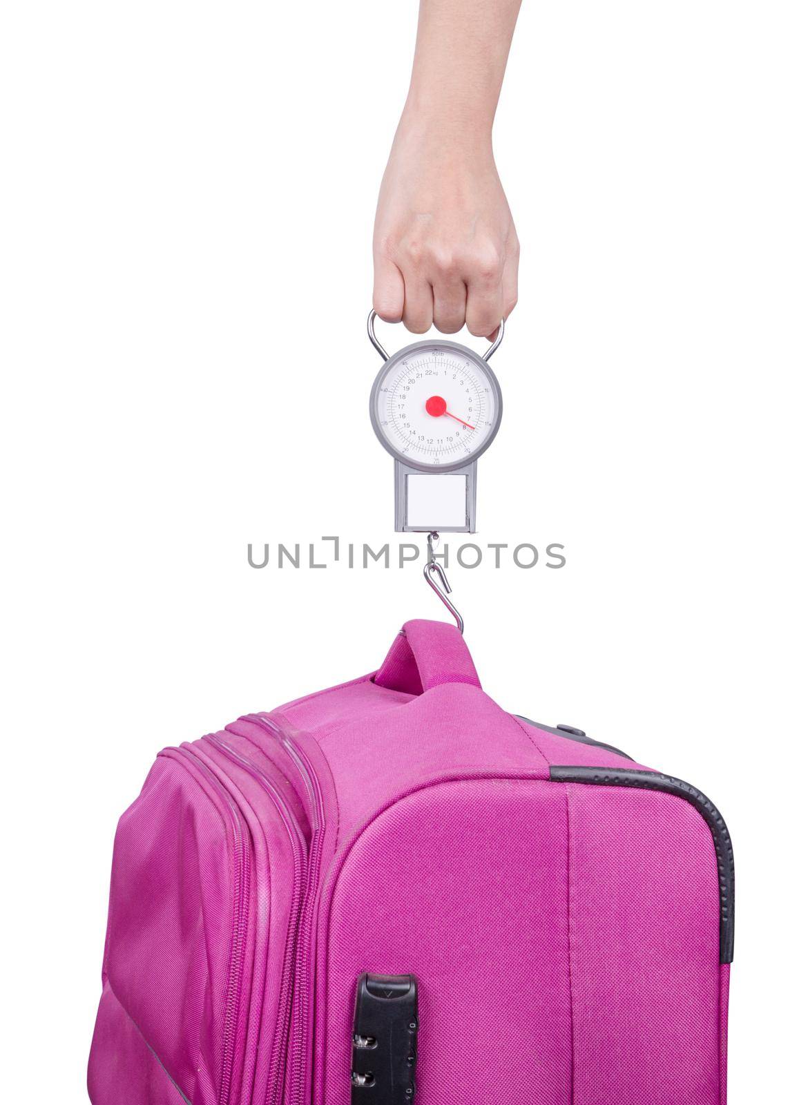 Passenger checking luggage weight with scale before flight isolated on white  by geargodz