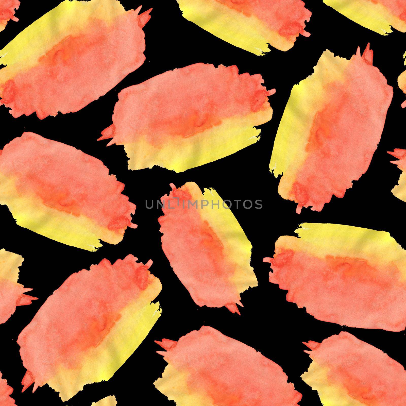 Seamless Pattern with Red and Yellow Watercolor Spots. Hand Drawn Blobs on Black Background.