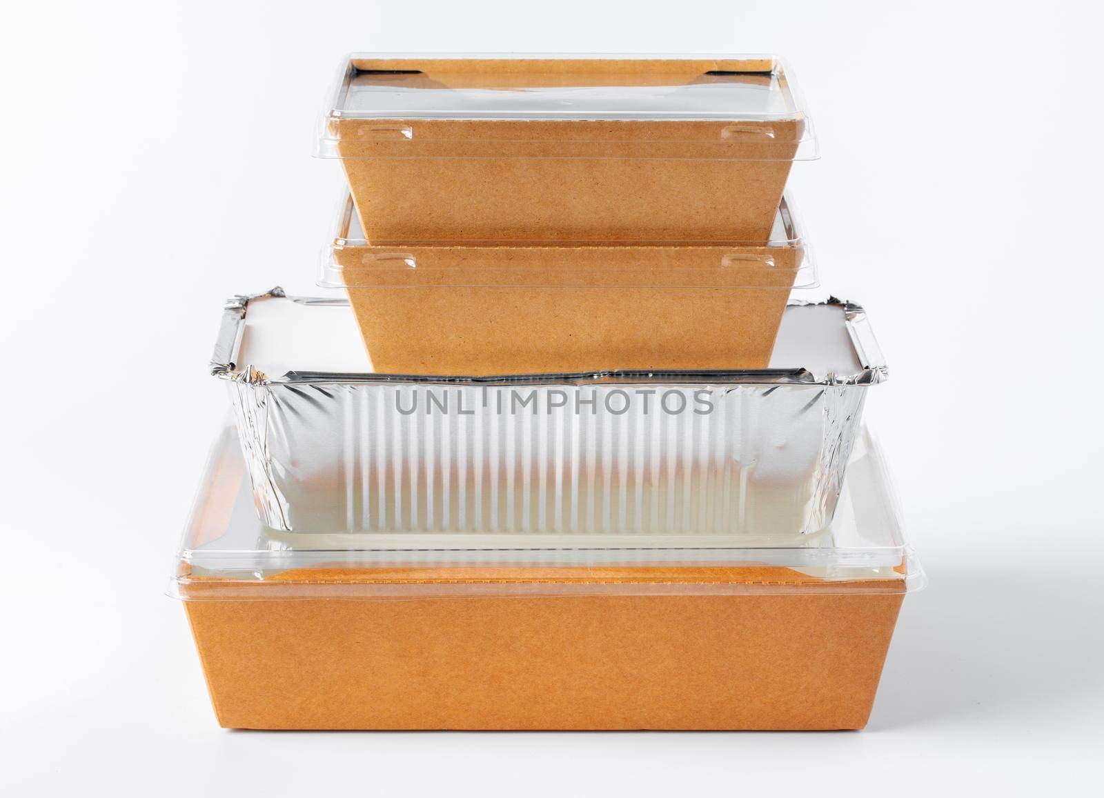 Assortment of food delivery containers on white background close up