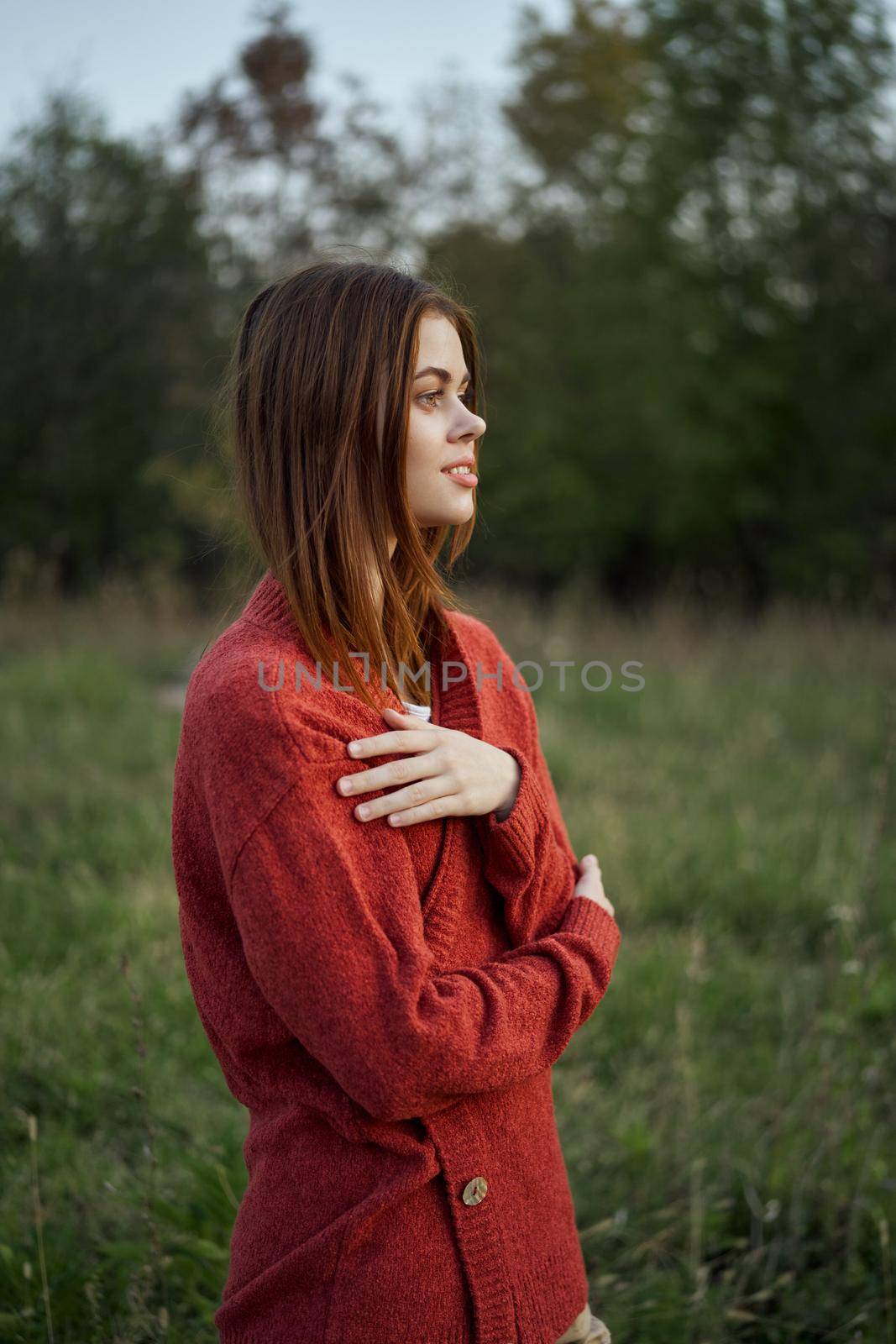 woman red sweater cool air nature romance by Vichizh