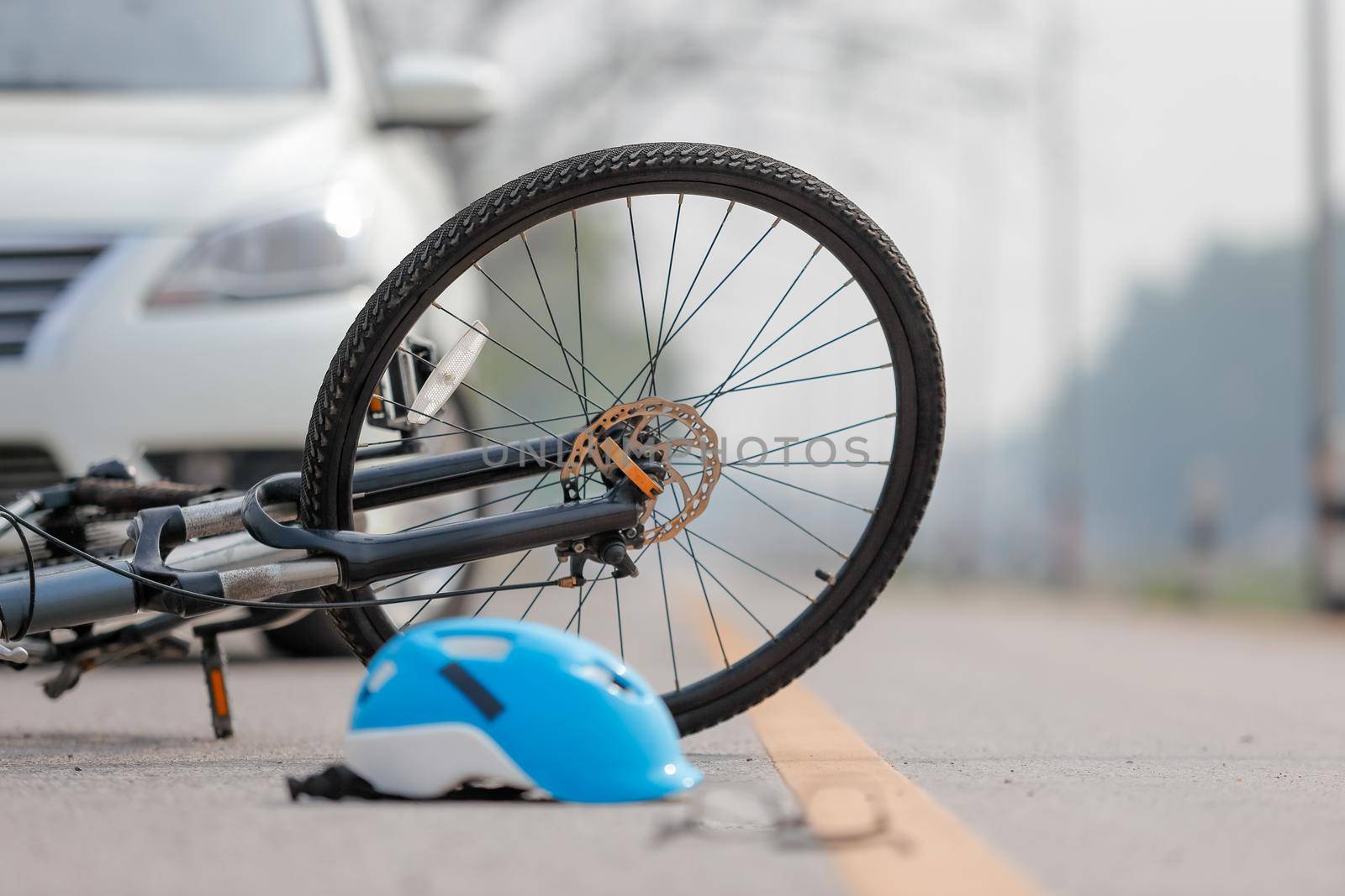 Accident car crash with bicycle on road by toa55