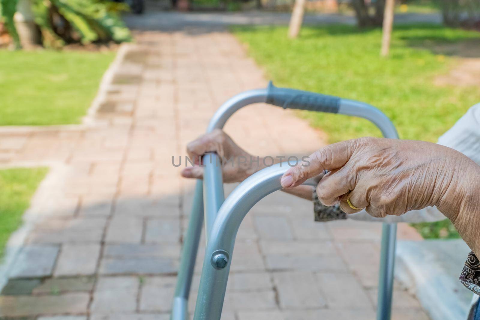 Elderly woman using walker in backyard by toa55