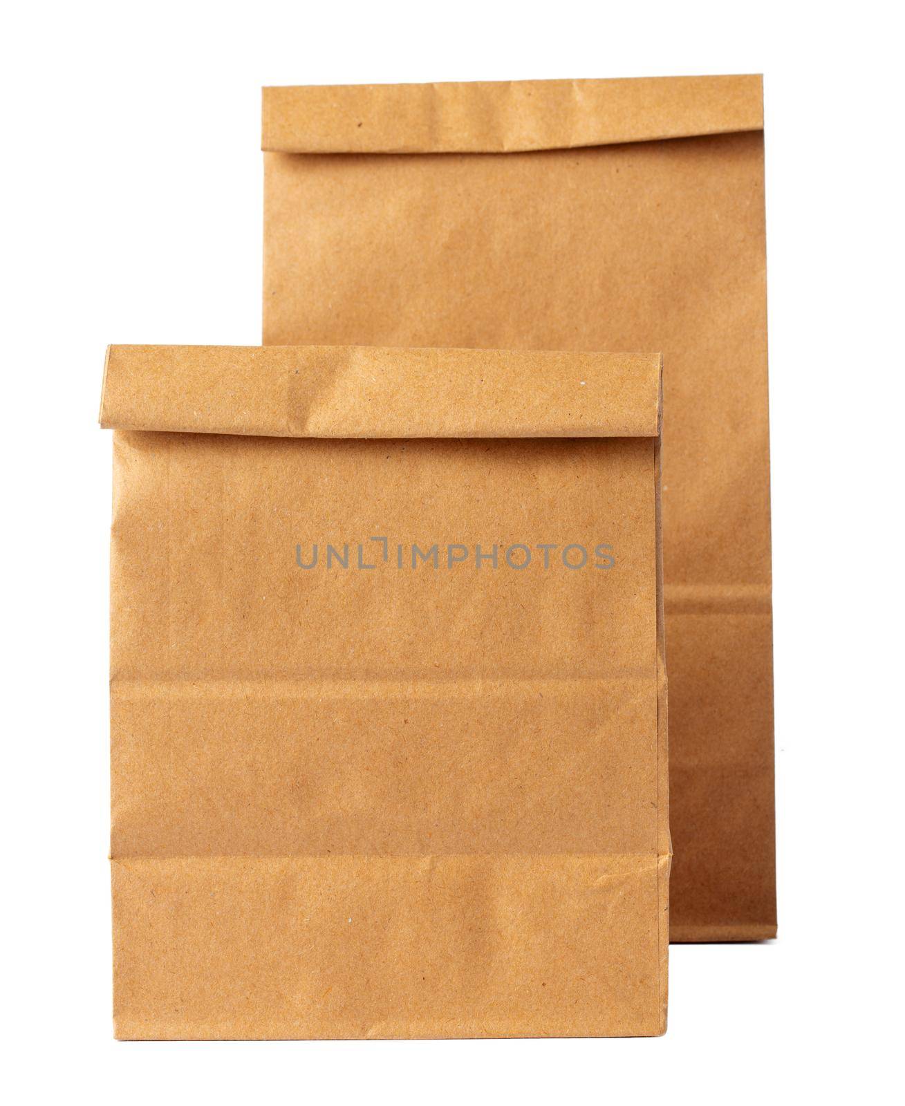 Brown craft paper bag packaging template on white background close up
