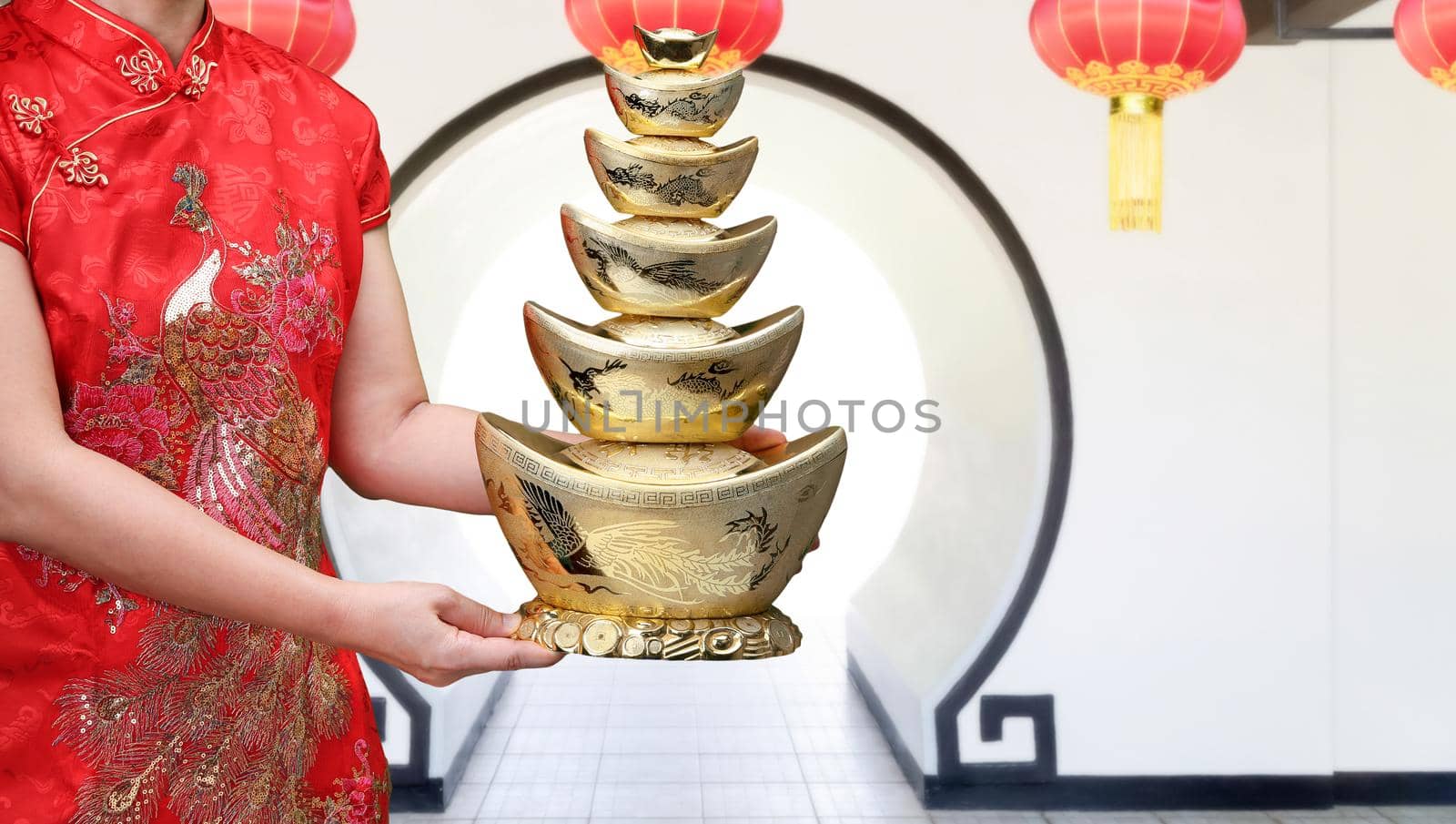 Chinese new year gold ingot (qian) with blessing text mean happy ,healthy and wealth in china town.