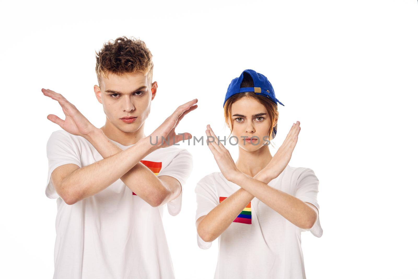 young couple lgbt Flag transgender community light background by Vichizh