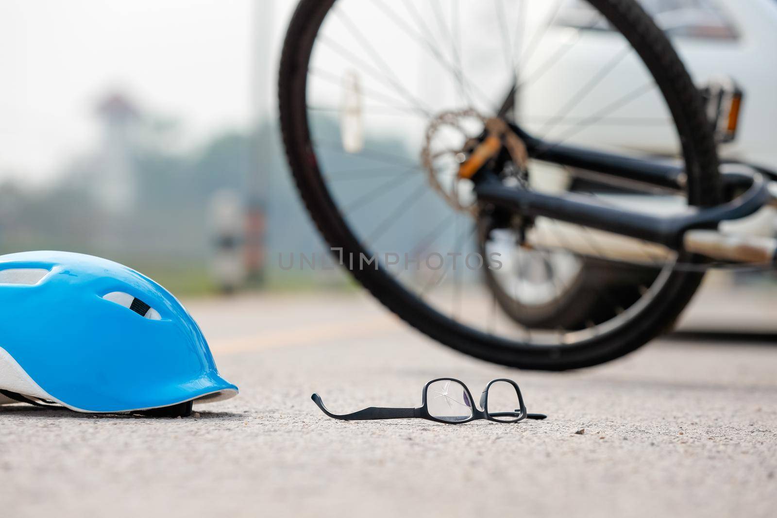 Accident car crash with bicycle on road.