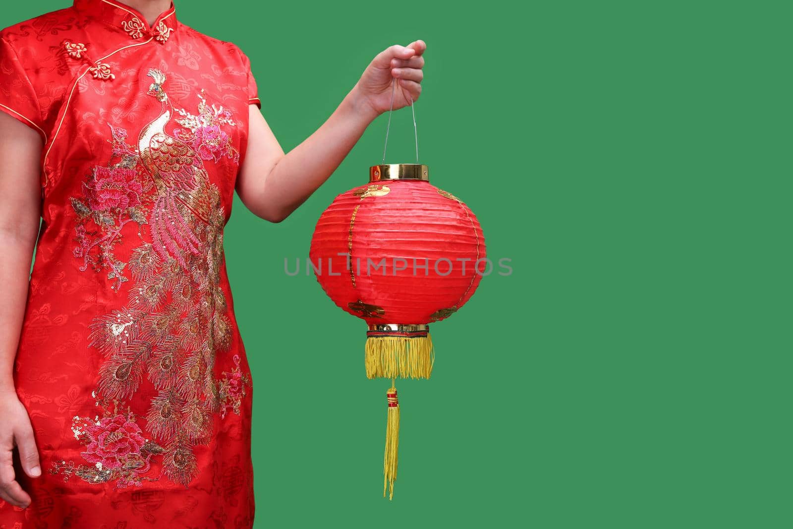 woman holding chinese new year lanterns on green screen
