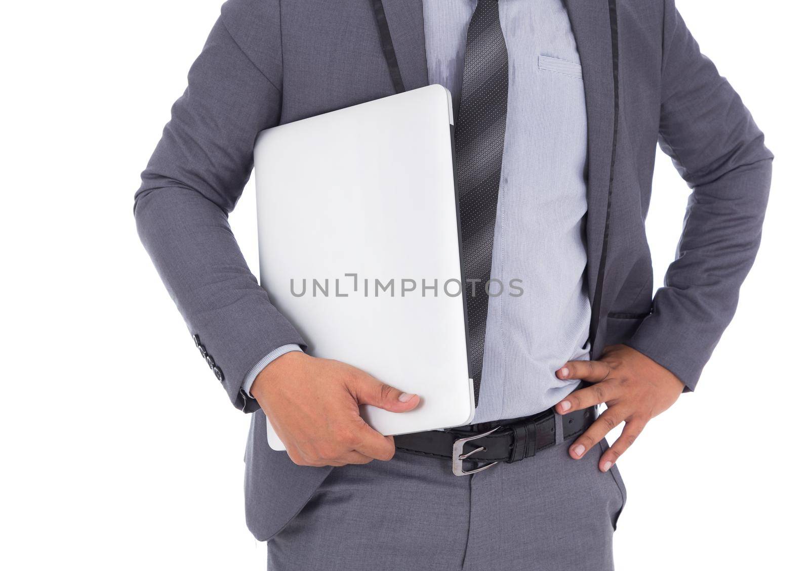 business man in suit with laptop isolated on white background by geargodz