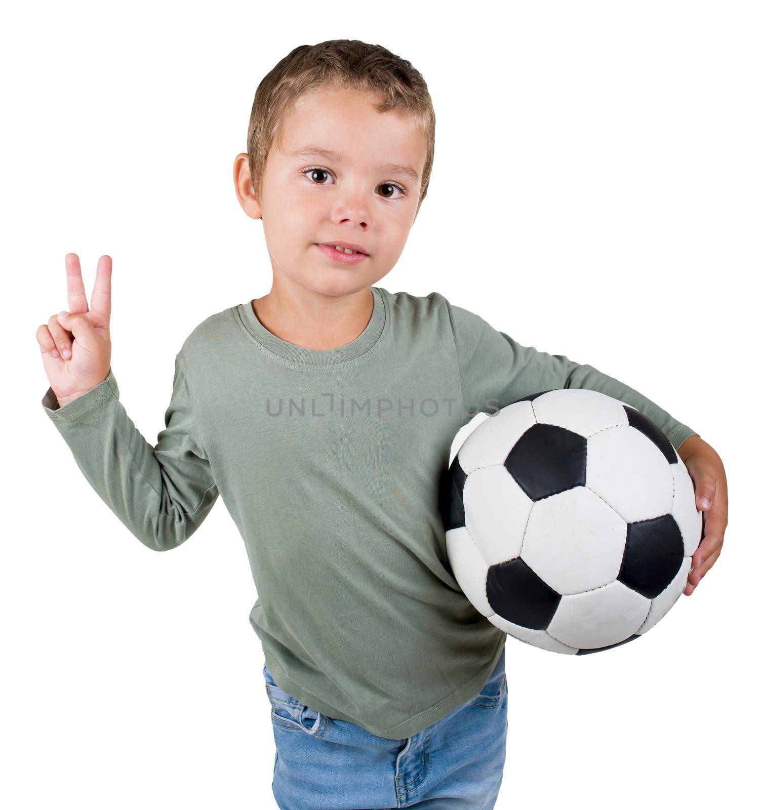 little boy with soccer ball isolated in white.