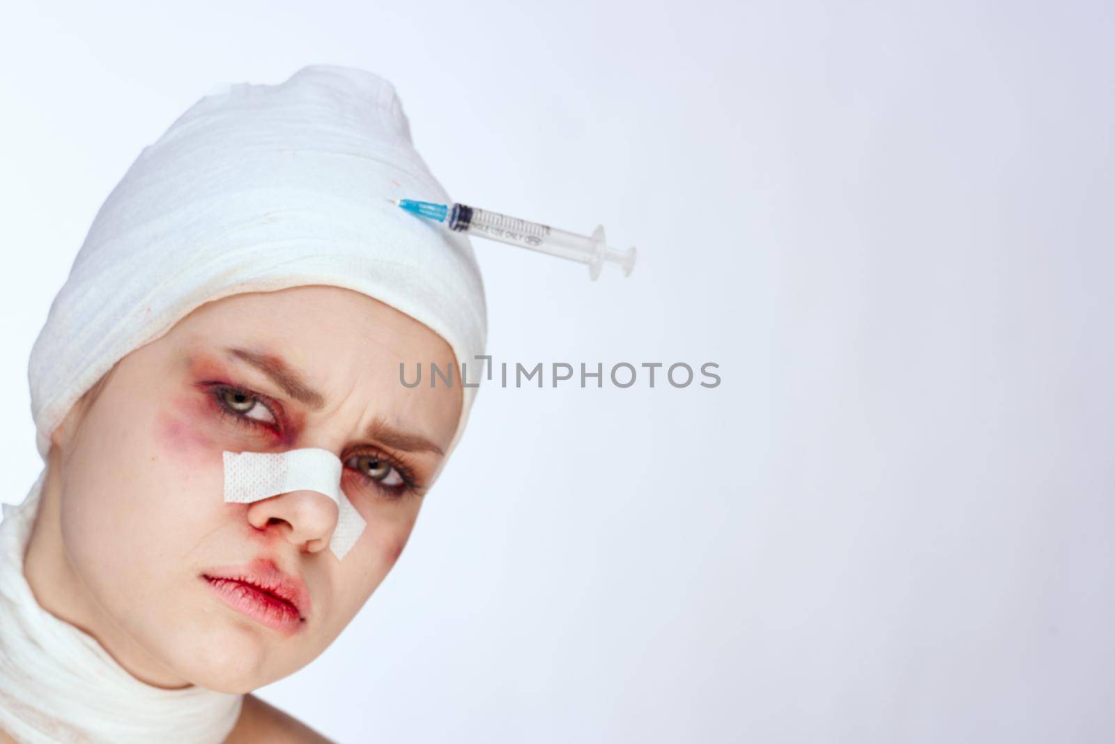 female patient health problem injury face injection isolated background. High quality photo