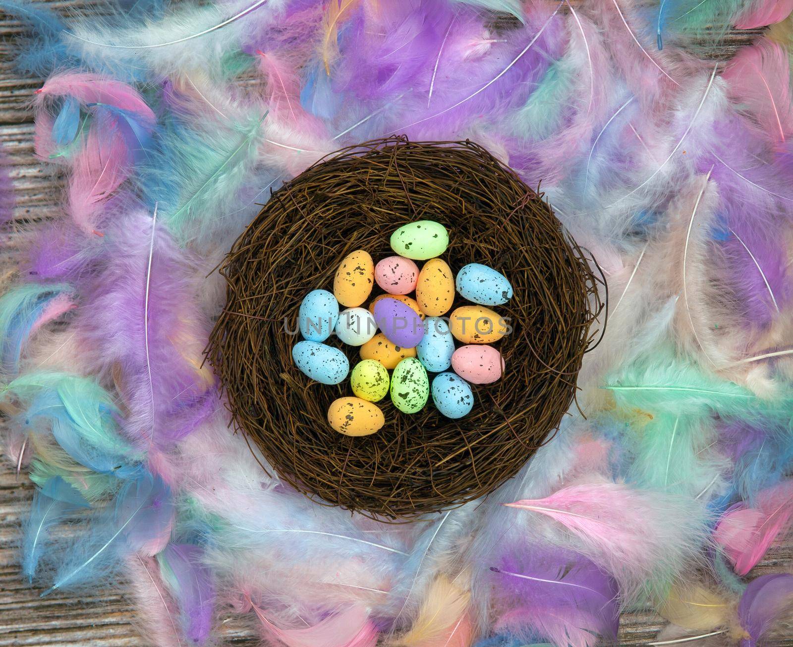 Colorful Easter eggs in bird nest surrounded with pastel colored feathers and wooden cubes with the text Happy Easter top view, modern background design, Easter holliday, Spring, concept greeting card