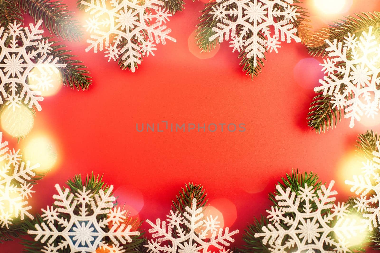 Red Christmas holidays background; greeting card , Christmas card with fir and decor on glitter background by Maximusnd