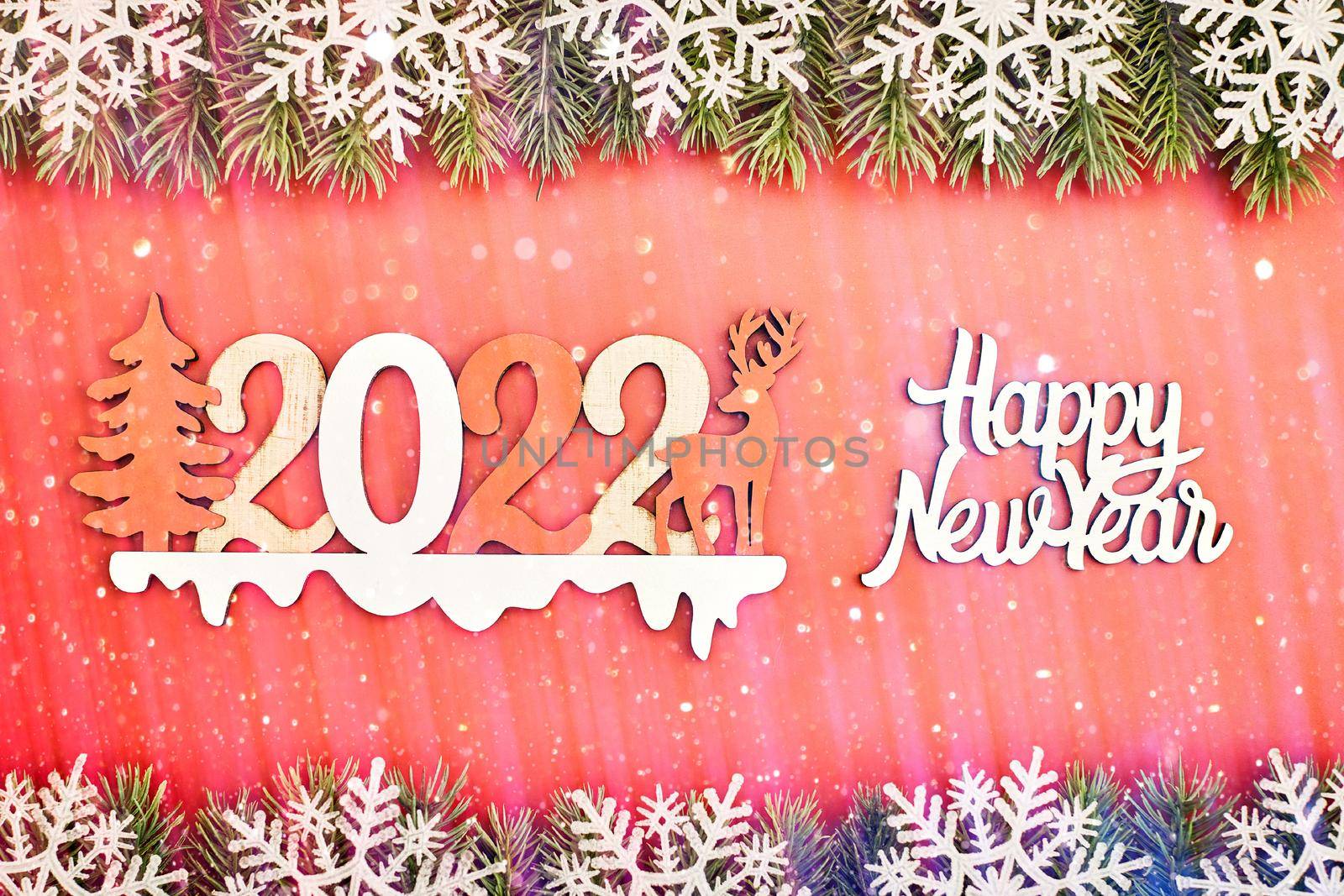 Sparkle bokeh lights on red canvas background. Merry christmas card. Winter holiday theme. Happy New Year. by Maximusnd