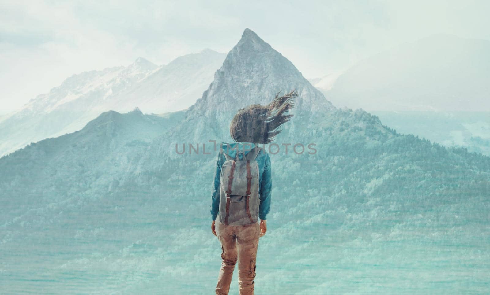 Double exposure image of traveler young woman with backpack and mountain.