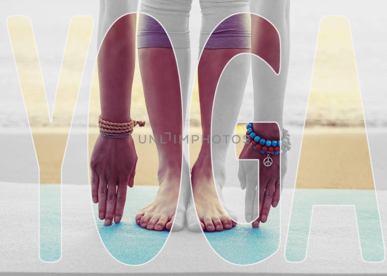 Double exposure image of sporty young woman and word yoga.