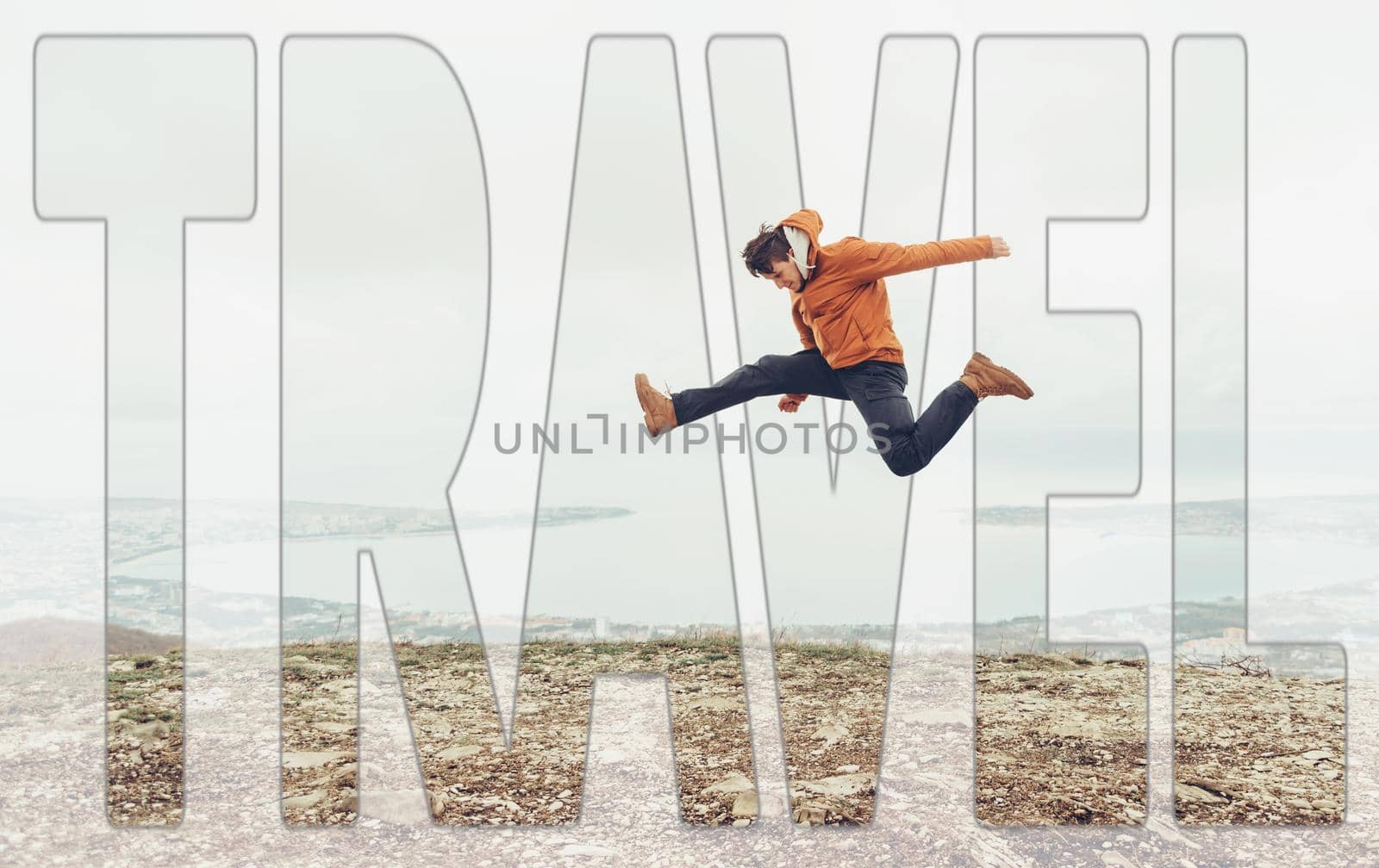 Double exposure of young man jumping outdoor with word travel.