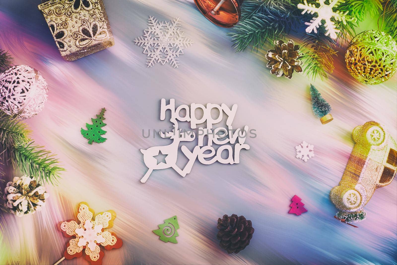 Xmas greeting card. Holiday time. Happy New Year. Space for text. View from above, flat lay. by Maximusnd
