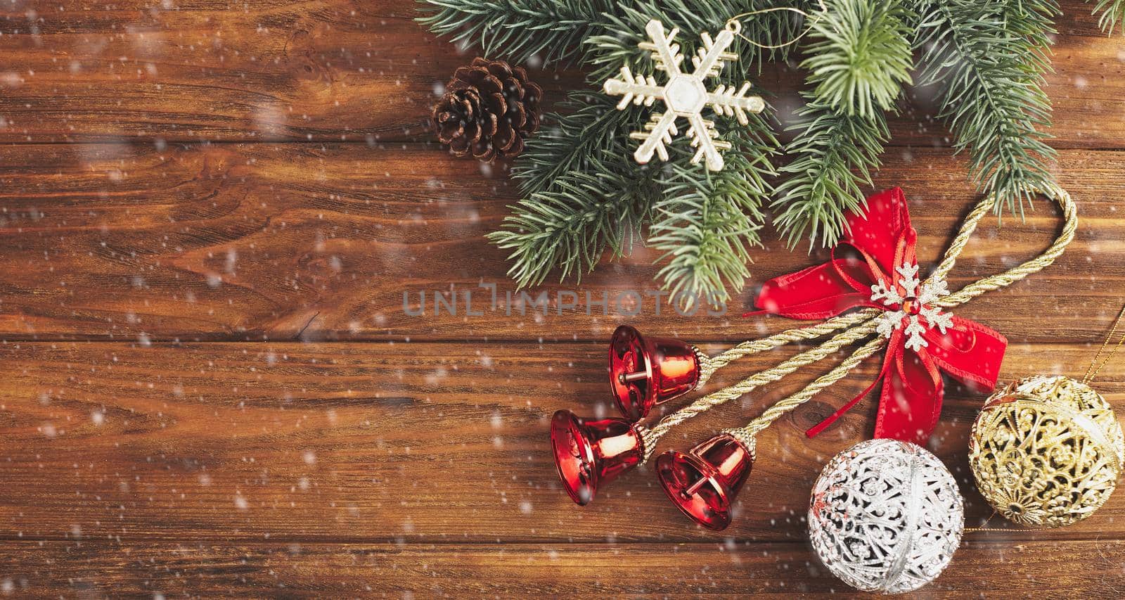 Merry christmas card.  Christmas concept, New Year gifts. Copy space framed by Christmas tree branches, decorations, sweets. by Maximusnd