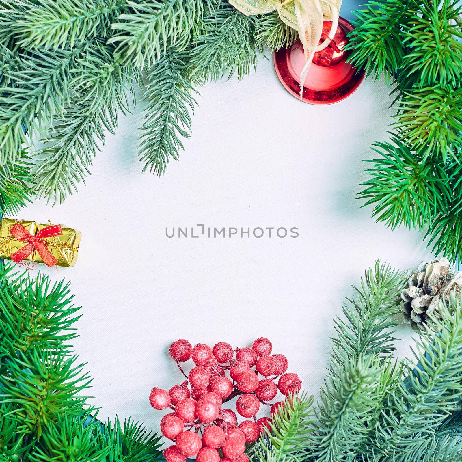 Wooden table decorated with Christmas gifts. Background with copy space mockup. Merry Christmas and happy new year. by Maximusnd