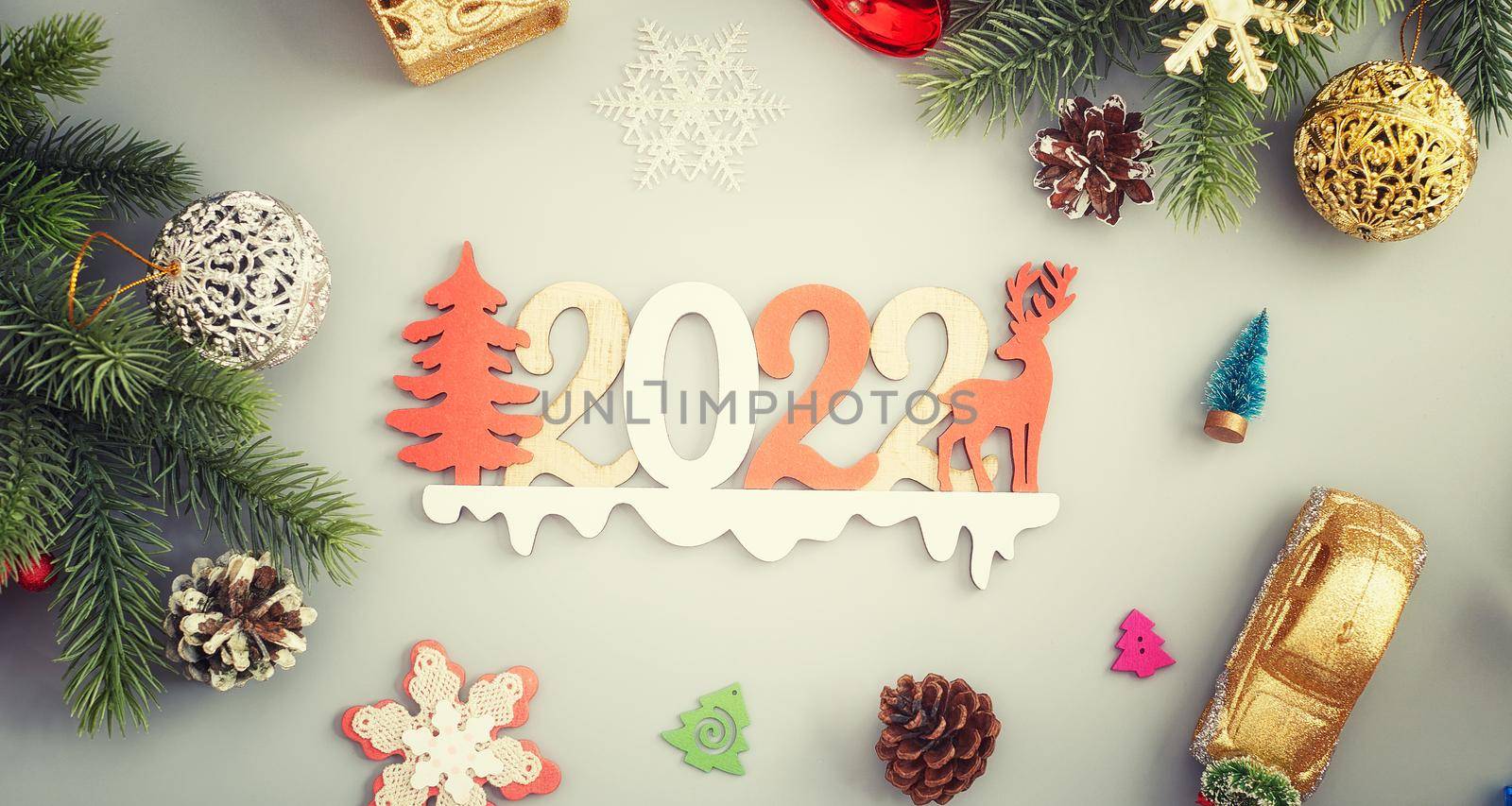 Christmas or New Year dark background, Xmas black board framed with season decorations, space for a text