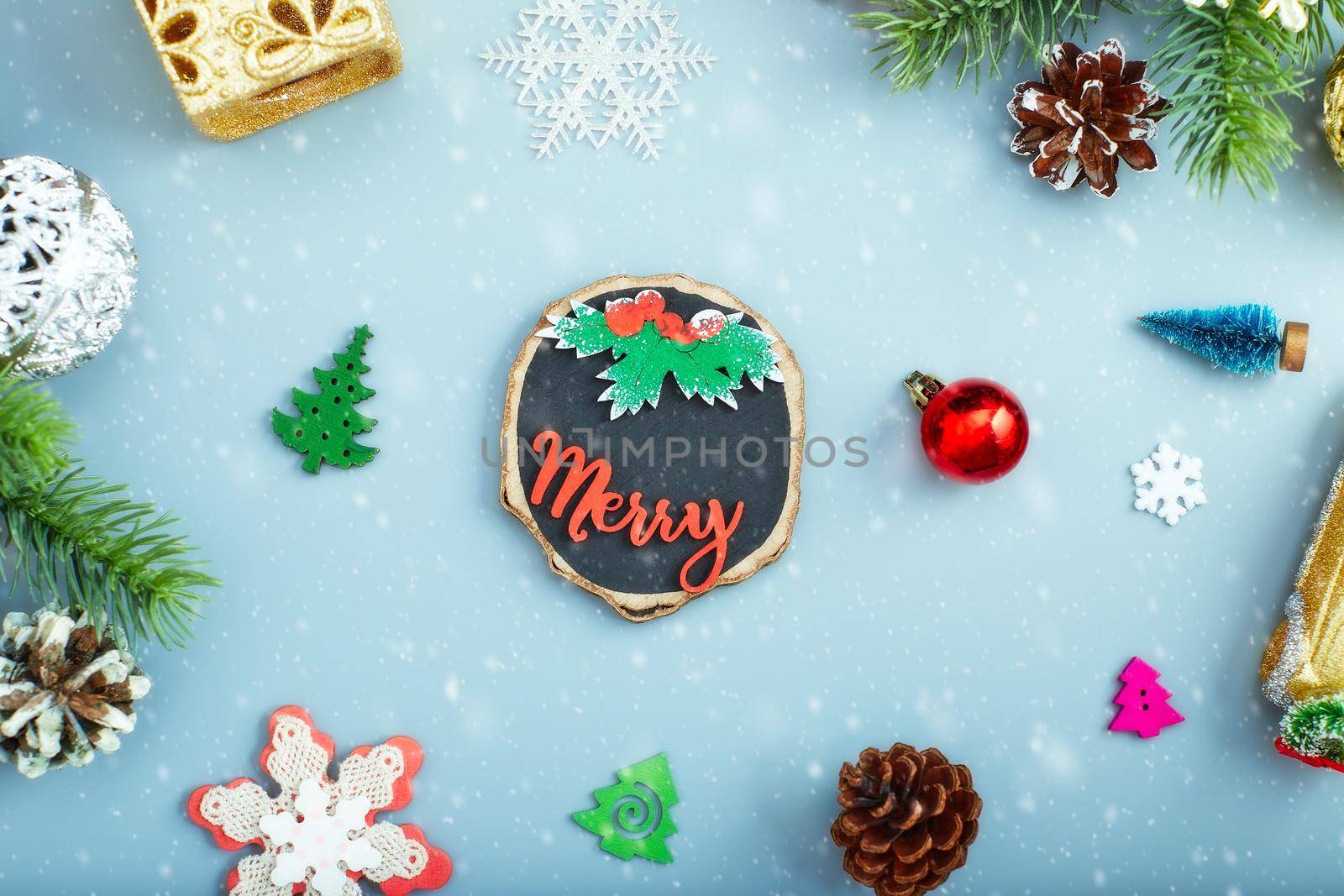 Christmas or New Year dark background, Xmas black board framed with season decorations, space for a text
