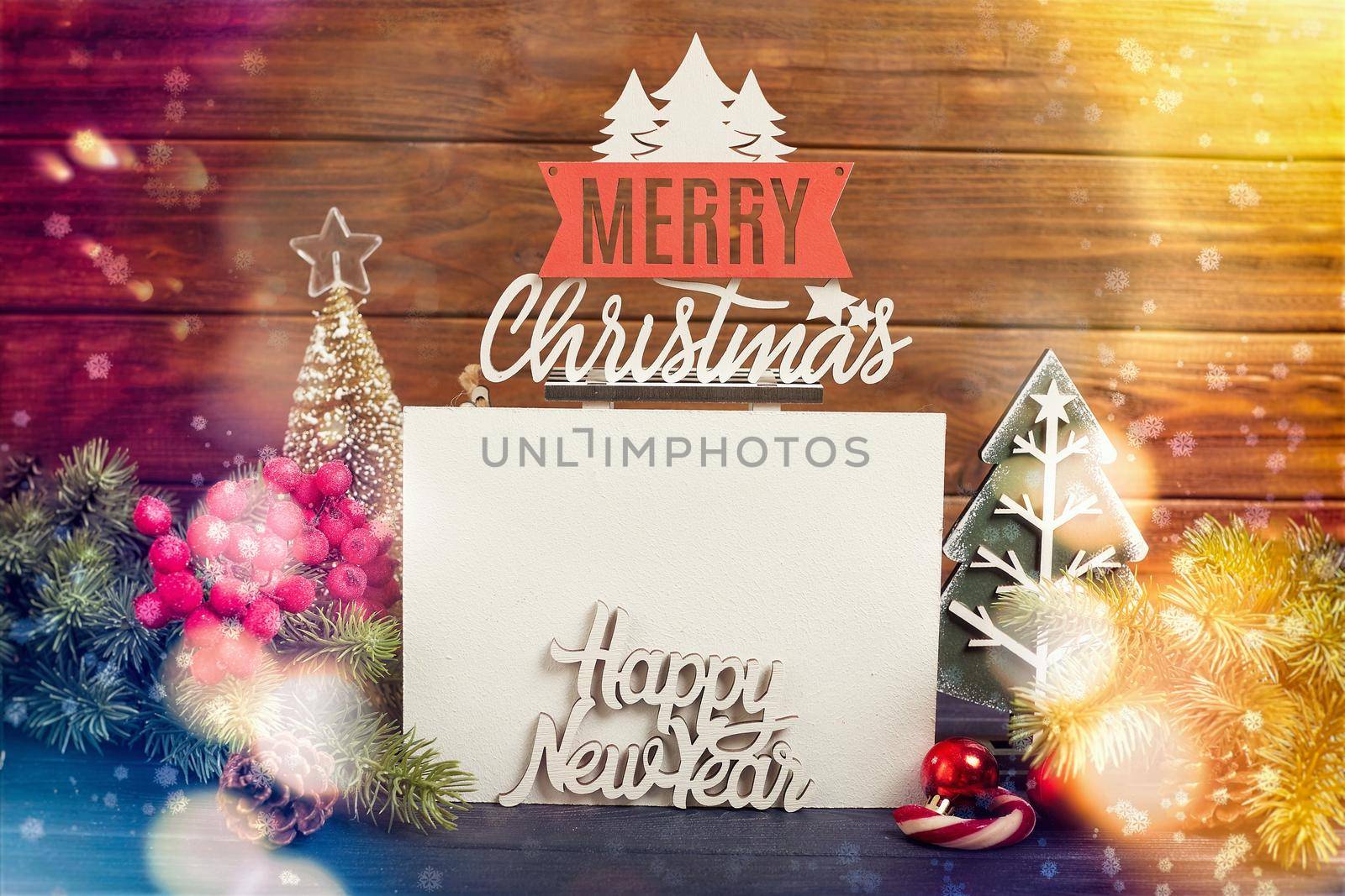 Christmas background with festive decoration and text , Merry Christmas and happy new year concept