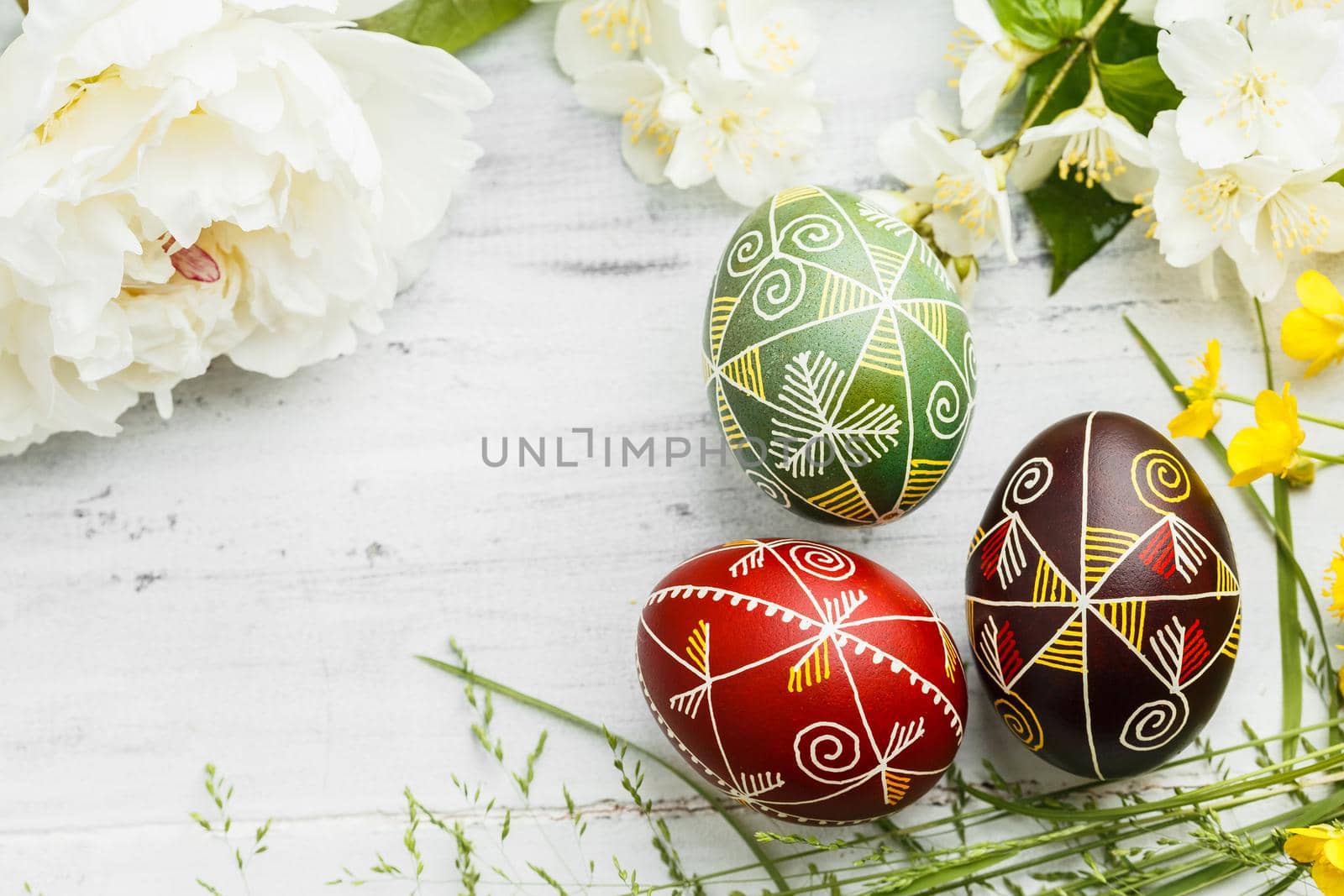 Pysanky Ukrainian Easter Eggs on shabby background by Syvanych